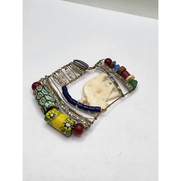 Boho Folk Art Elephant Pendant Mixed Media Beaded Wire Vintage Jewelry Piece - Picture 4 of 11